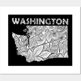 Mandala art map of Washington with text in white Posters and Art